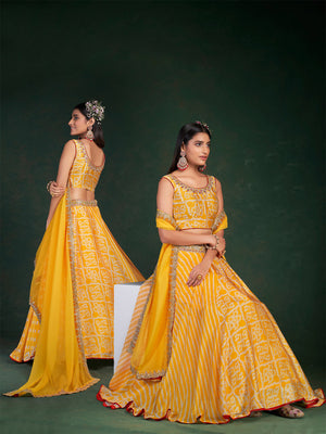 Rajwada Women Yellow Embroidered Festive Semi Stitched Lehenga With Unstitched Blouse