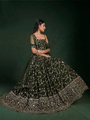 Rajwada Women Dark Green Embroidered Bridal Semi Stitched Lehenga With Unstitched Blouse