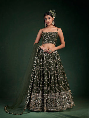 Rajwada Women Dark Green Embroidered Bridal Semi Stitched Lehenga With Unstitched Blouse