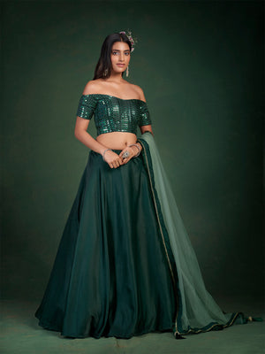 Rajwada Women Dark Green Embroidered Festive Semi Stitched Lehenga With Unstitched Blouse