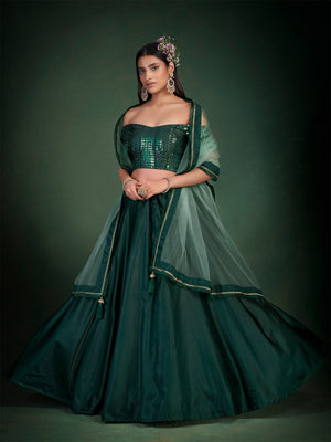 Rajwada Women Dark Green Embroidered Festive Semi Stitched Lehenga With Unstitched Blouse