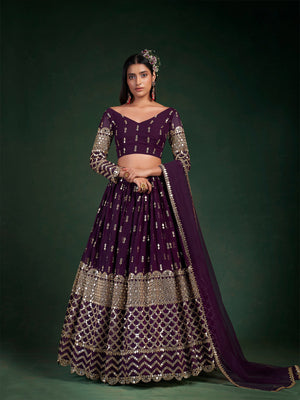 Rajwada Women Violet Embroidered Bridal Semi Stitched Lehenga With Unstitched Blouse