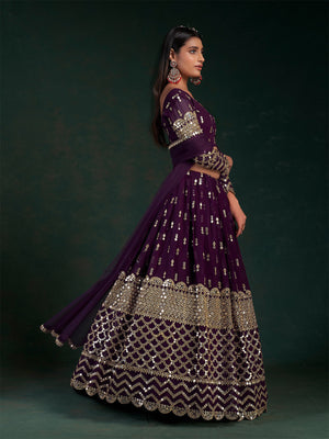 Rajwada Women Violet Embroidered Bridal Semi Stitched Lehenga With Unstitched Blouse