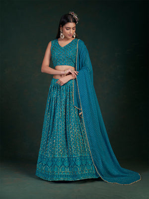 Rajwada Women Teal Embroidered Bridal Semi Stitched Lehenga With Unstitched Blouse