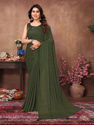 Rajwada Green Silk Blend Embellished Saree With Unstitched Blouse For Women