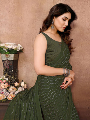 Rajwada Green Silk Blend Embellished Saree With Unstitched Blouse For Women