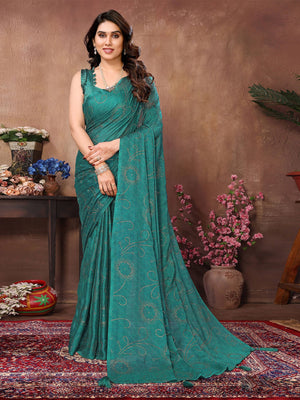 Rajwada Green Silk Blend Embellished Saree With Unstitched Blouse For Women