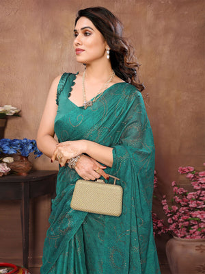 Rajwada Green Silk Blend Embellished Saree With Unstitched Blouse For Women