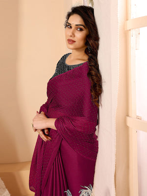 Rajwada Pink Satin Chiffon Embellished Saree With Unstitched Blouse For Women