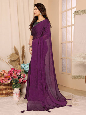 Rajwada Purple Satin Chiffon Embellished Saree With Unstitched Blouse For Women