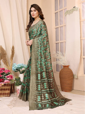 Rajwada Green Cotton Printed Saree With Unstitched Blouse For Women