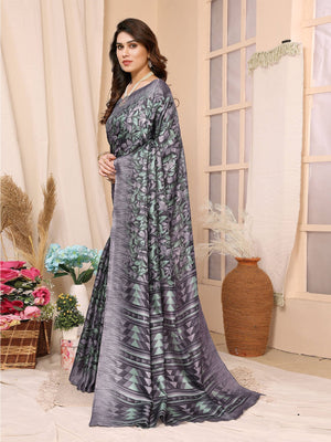 Rajwada Grey Cotton Printed Saree With Unstitched Blouse For Women