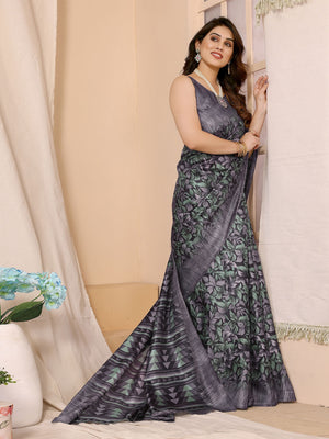 Rajwada Grey Cotton Printed Saree With Unstitched Blouse For Women