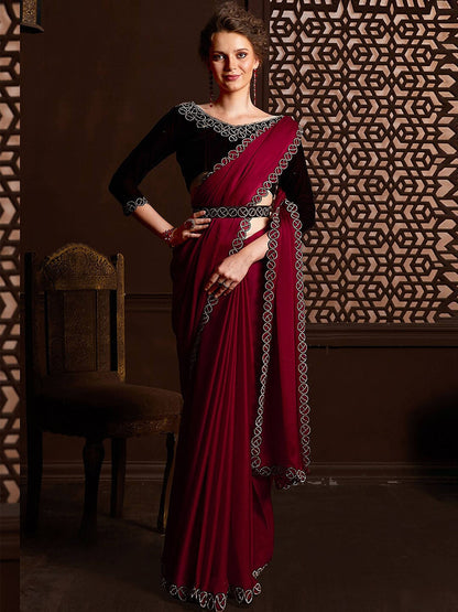 Rajwada Pink Satin Chiffon Embellished Saree With Unstitched Blouse For Women
