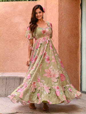 Rajwada Sage Green Cotton Blend Printed Gown For Women