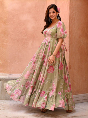 Rajwada Sage Green Cotton Blend Printed Gown For Women