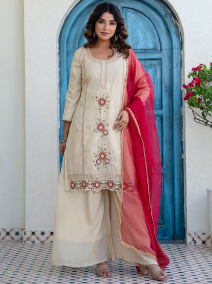Rajwada Cream Silk Blend Embroidered Kurta Set For Women
