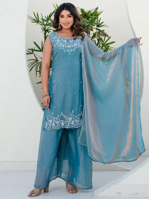 Rajwada Teal Blue Silk Blend Embellished Kurta Set For Women