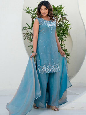Rajwada Teal Blue Silk Blend Embellished Kurta Set For Women