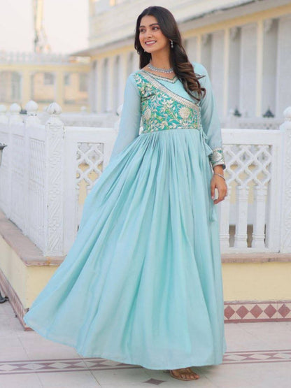 Rajwada Light Blue Cotton Blend Embroidered Gown For Women
