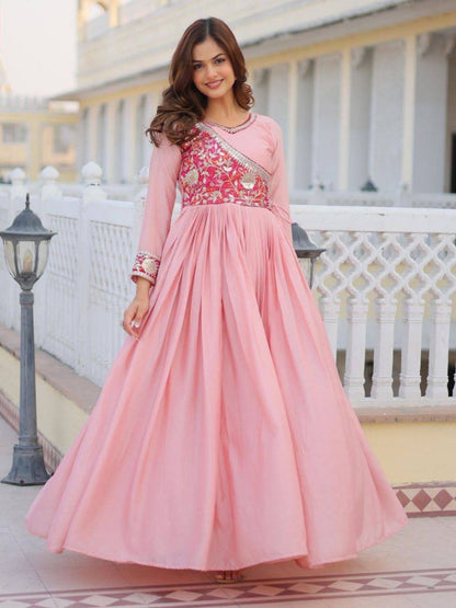 Rajwada Light Pink Cotton Blend Embroidered Gown For Women
