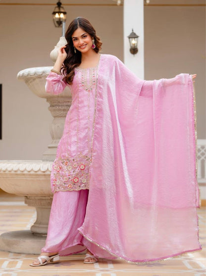 Rajwada Light Pink Silk Blend Embroidered Kurta Set For Women