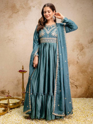 Rajwada Teal Blue Silk Blend Embroidered Gown For Women