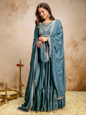 Rajwada Teal Blue Silk Blend Embroidered Gown For Women