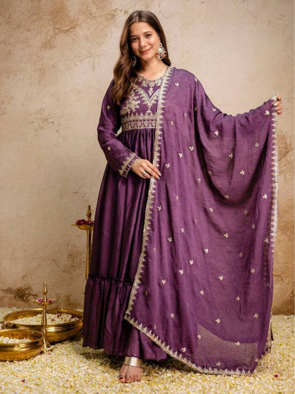 Rajwada Dark Purple Silk Blend Embroidered Gown For Women