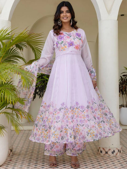 Rajwada Lavender Oraganza Embellished Kurta Set For Women