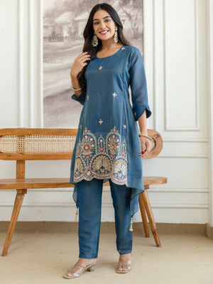 Rajwada Teal Blue Silk Blend Embroidered Kurta Set For Women