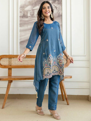 Rajwada Teal Blue Silk Blend Embroidered Kurta Set For Women
