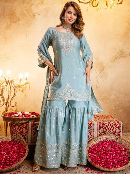 Rajwada Light Blue Organza Embroidered Kurta Set For Women