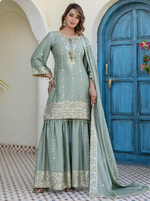 Rajwada Sage Green Organza Embroidered Kurta Set For Women