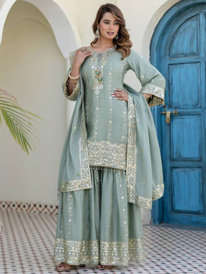 Rajwada Sage Green Organza Embroidered Kurta Set For Women