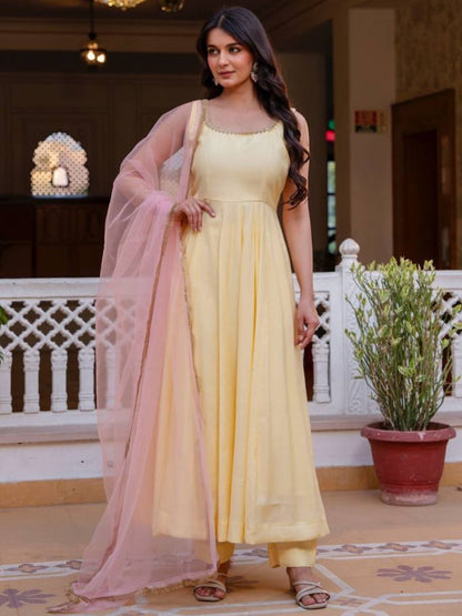 Rajwada Yellow Cotton Blend Solid Kurta Set For Women