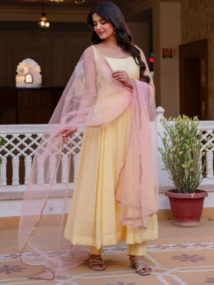 Rajwada Yellow Cotton Blend Solid Kurta Set For Women