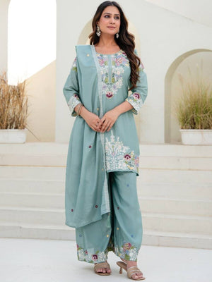 Rajwada Sea Green Georgette Embroidered Kurta Set For Women