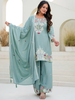 Rajwada Sea Green Georgette Embroidered Kurta Set For Women
