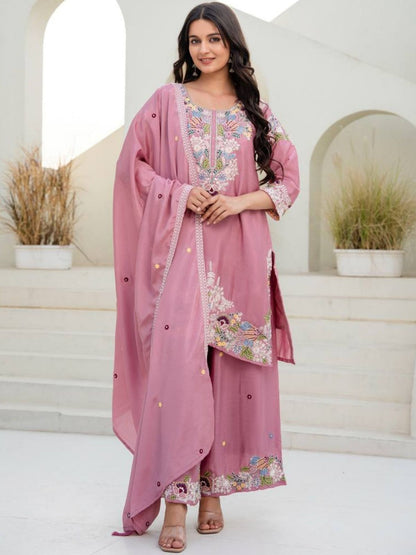 Rajwada Pastel Pink Georgette Embroidered Kurta Set For Women