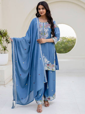 Rajwada Steel Blue Georgette Embroidered Kurta Set For Women
