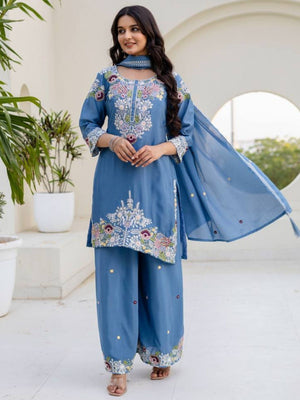 Rajwada Steel Blue Georgette Embroidered Kurta Set For Women