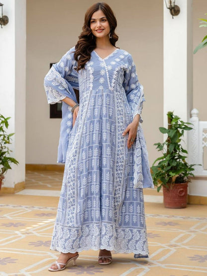 Rajwada Blue Cotton Blend Embroidered Kurta Set For Women