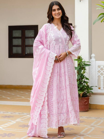 Rajwada Light Pink Cotton Blend Embroidered Kurta Set For Women