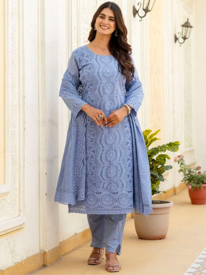 Rajwada Pastel Blue Cotton Blend Embroidered Kurta Set For Women