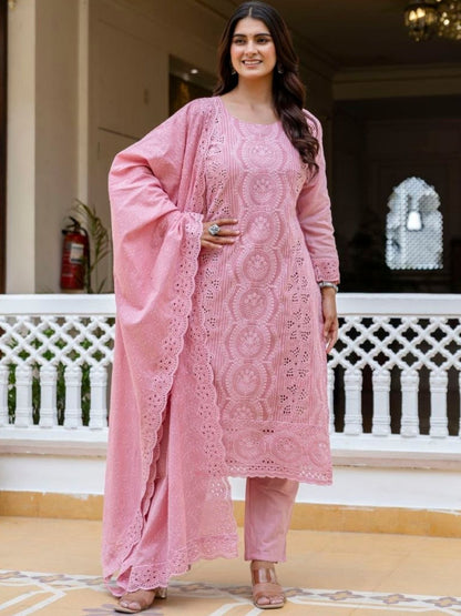 Rajwada Pastel Pink Cotton Blend Embroidered Kurta Set For Women