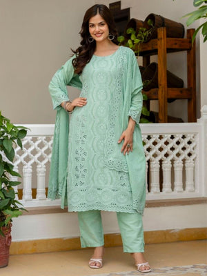 Rajwada Pista Green Cotton Blend Embroidered Kurta Set For Women