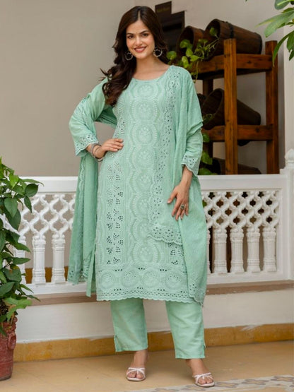 Rajwada Pista Green Cotton Blend Embroidered Kurta Set For Women