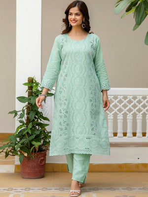 Rajwada Pista Green Cotton Blend Embroidered Kurta Set For Women