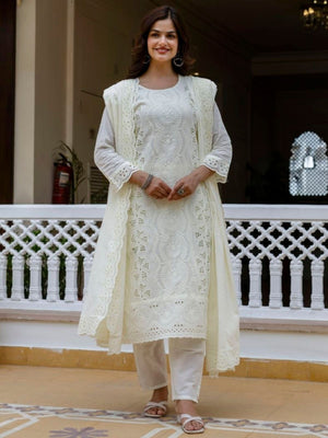 Rajwada White Cotton Blend Embroidered Kurta Set For Women